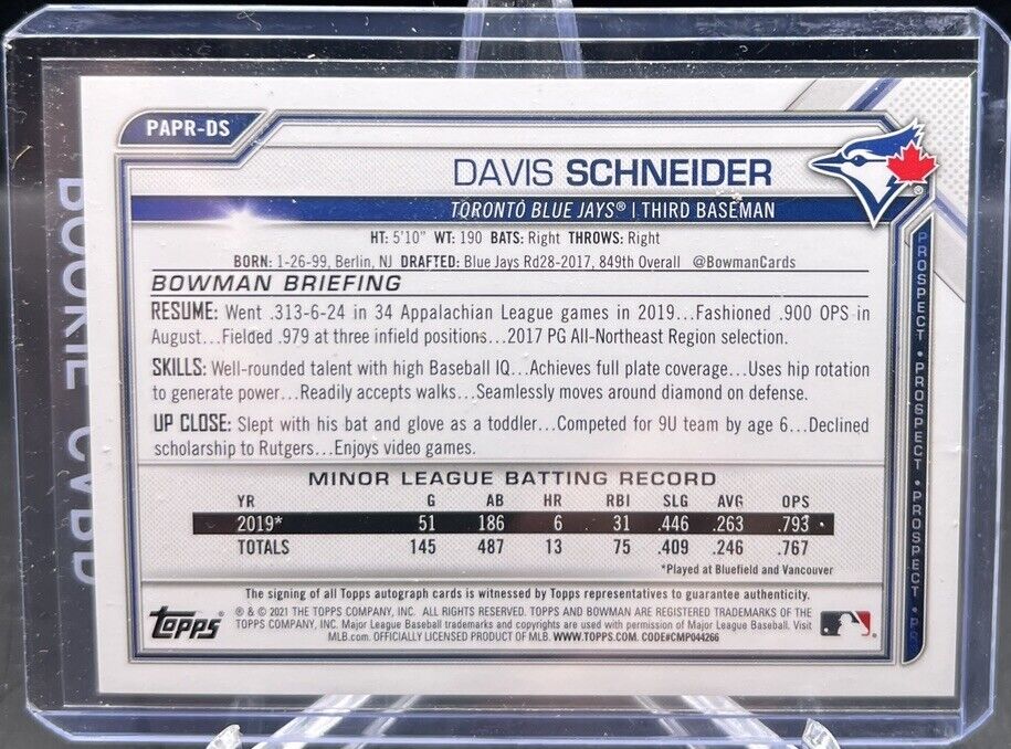 2021 Bowman 1st Paper Prospect Auto DAVIS SCHNEIDER #PAPR-DS Autograph Blue Jays