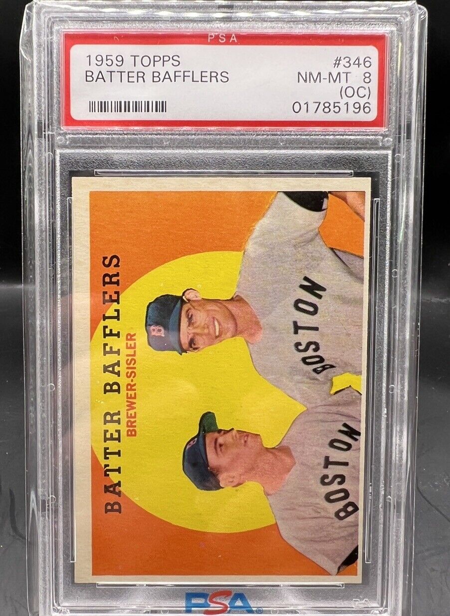 1959 Topps Batter Bafflers PSA 8 NM-MT (OC) Tom Brewer, Dave Sisler #346