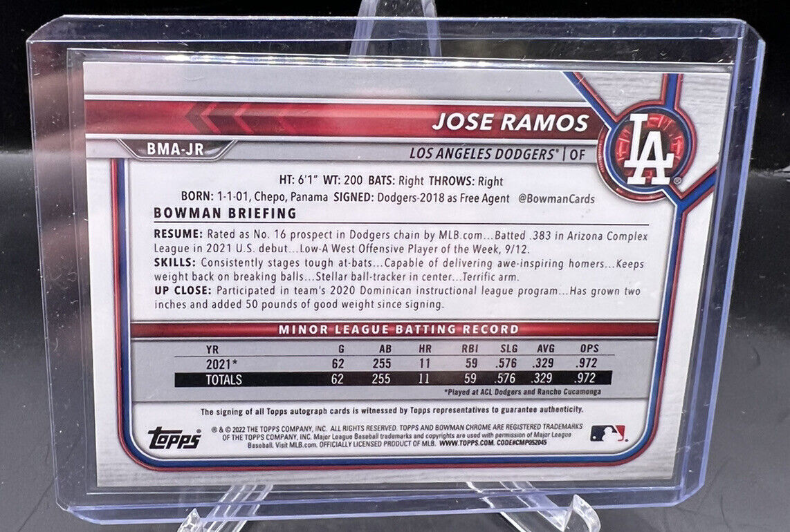 2022 Bowman Chrome Autograph Green  Jose Ramos Los Angeles Dodgers /99