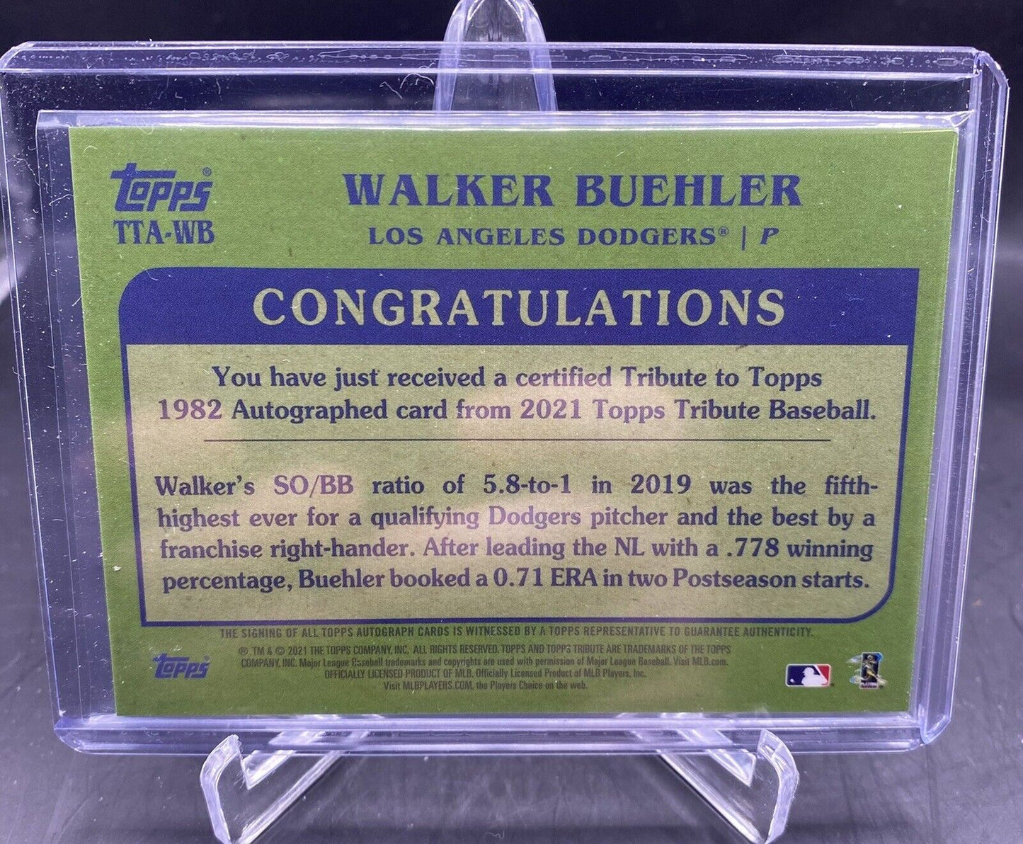 2021 Topps Tribute Tribute to Topps Auto /99 Walker Buehler #TTA-WB Auto