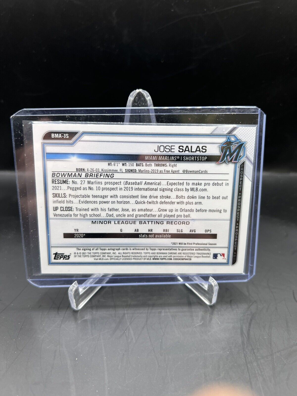 2021 Bowman Chrome Jose Salas Prospect Blue Refractor Auto #/150 Marlins