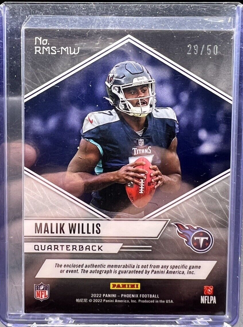 2022 Panini Phoenix Malik Willis Rising Rookie RPA Football Relic # /50 RC Auto